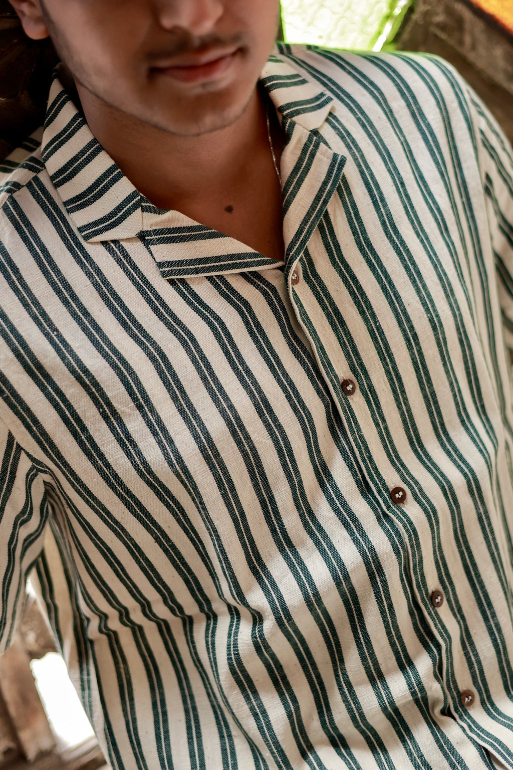 Kala Cotton Shirt for Men – Cuban Collar, Half Sleeves –Green & White Stripes