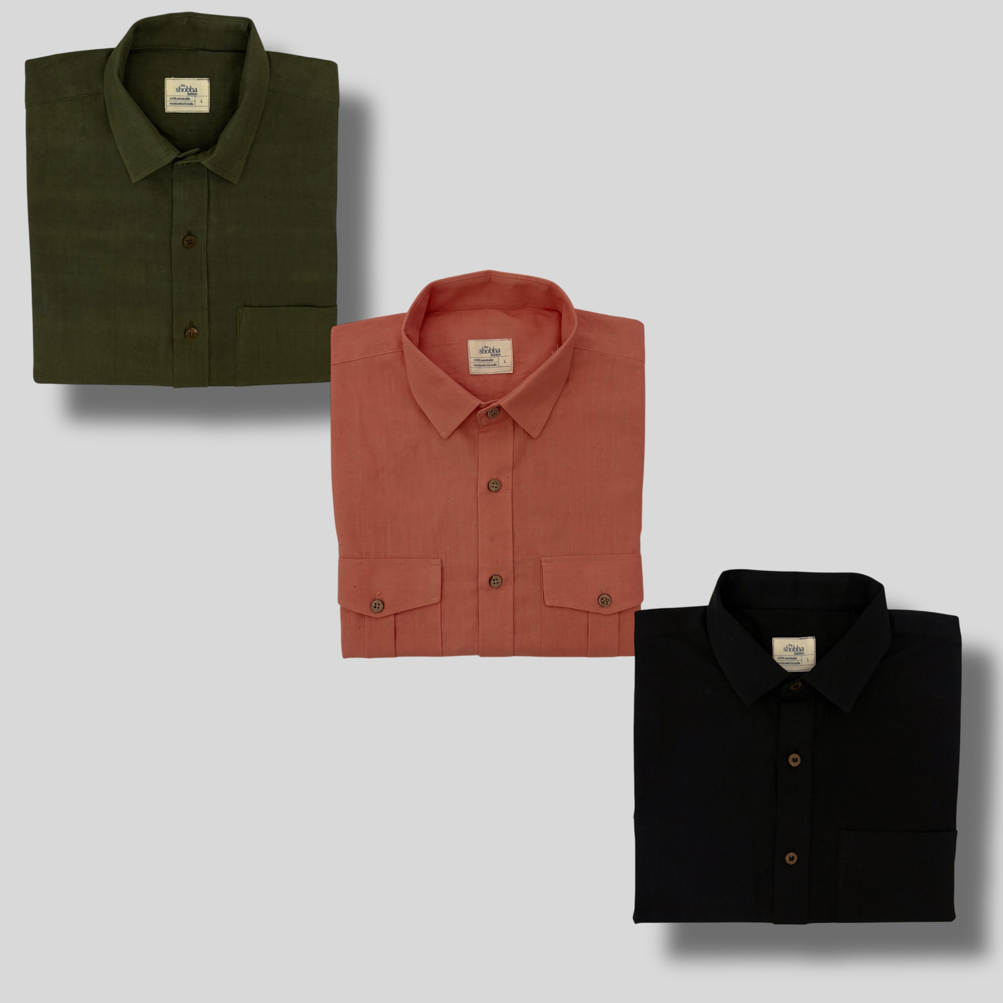 Khadi Shirt Trio — Classic Collar · Double & Single Pocket
