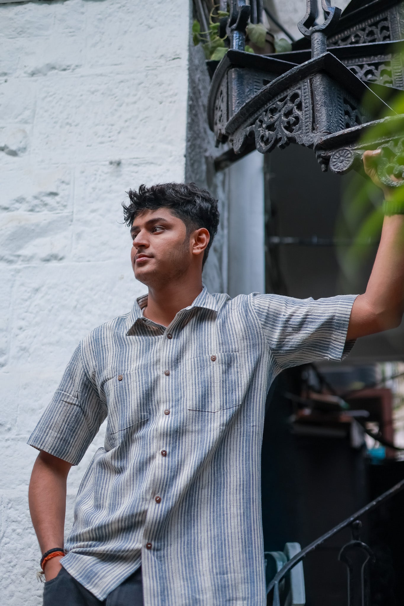 Kala Cotton Shirt for Men –  Double Pocket, Half Sleeves – Blue & White Stripes