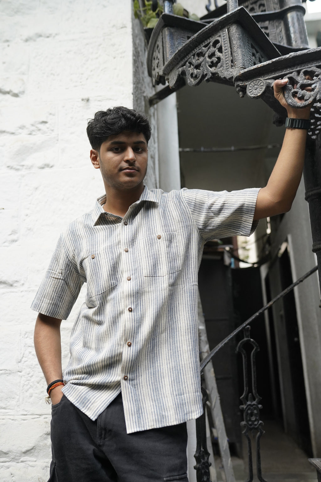 Kala Cotton Shirt for Men –  Double Pocket, Half Sleeves – Blue & White Stripes