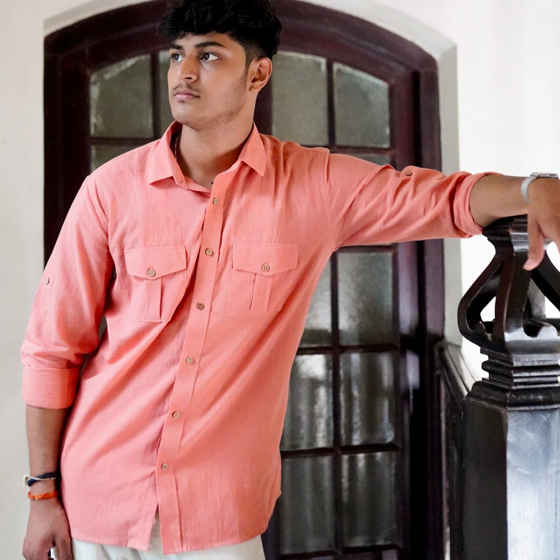 Khadi Shirt for Men – Double Pocket, Full Sleves- Orange