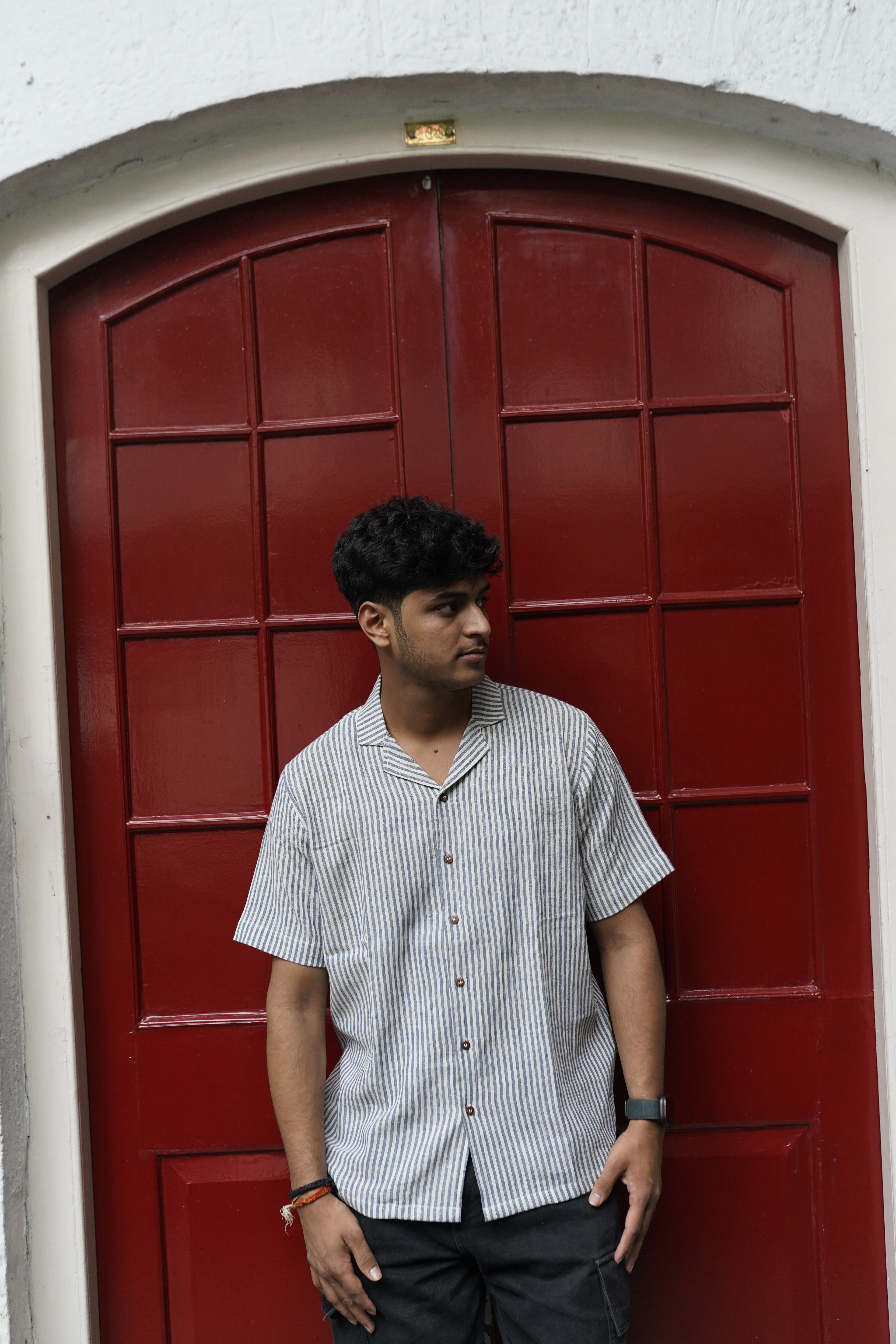 Kala Cotton Shirt for Men – Cuban Collar, Half Sleeves – Blue & White Stripes