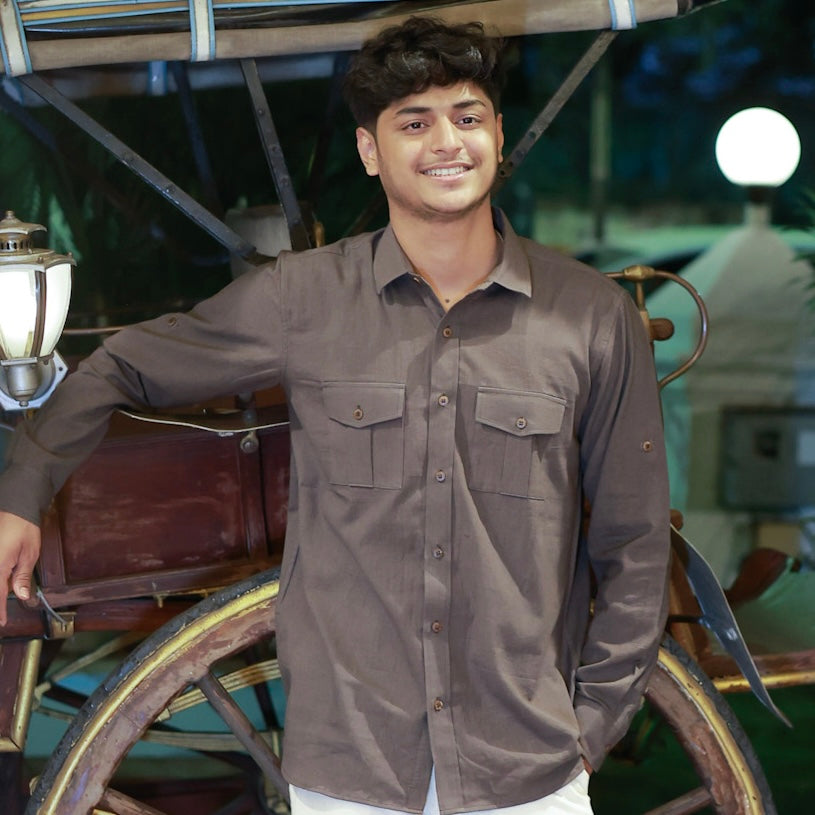 Khadi Shirt for Men – Double Pocket, Full Sleves- Dark Brown