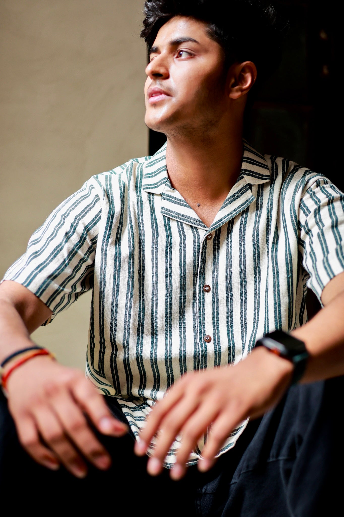 Kala Cotton Shirt for Men – Cuban Collar, Half Sleeves –Green & White Stripes