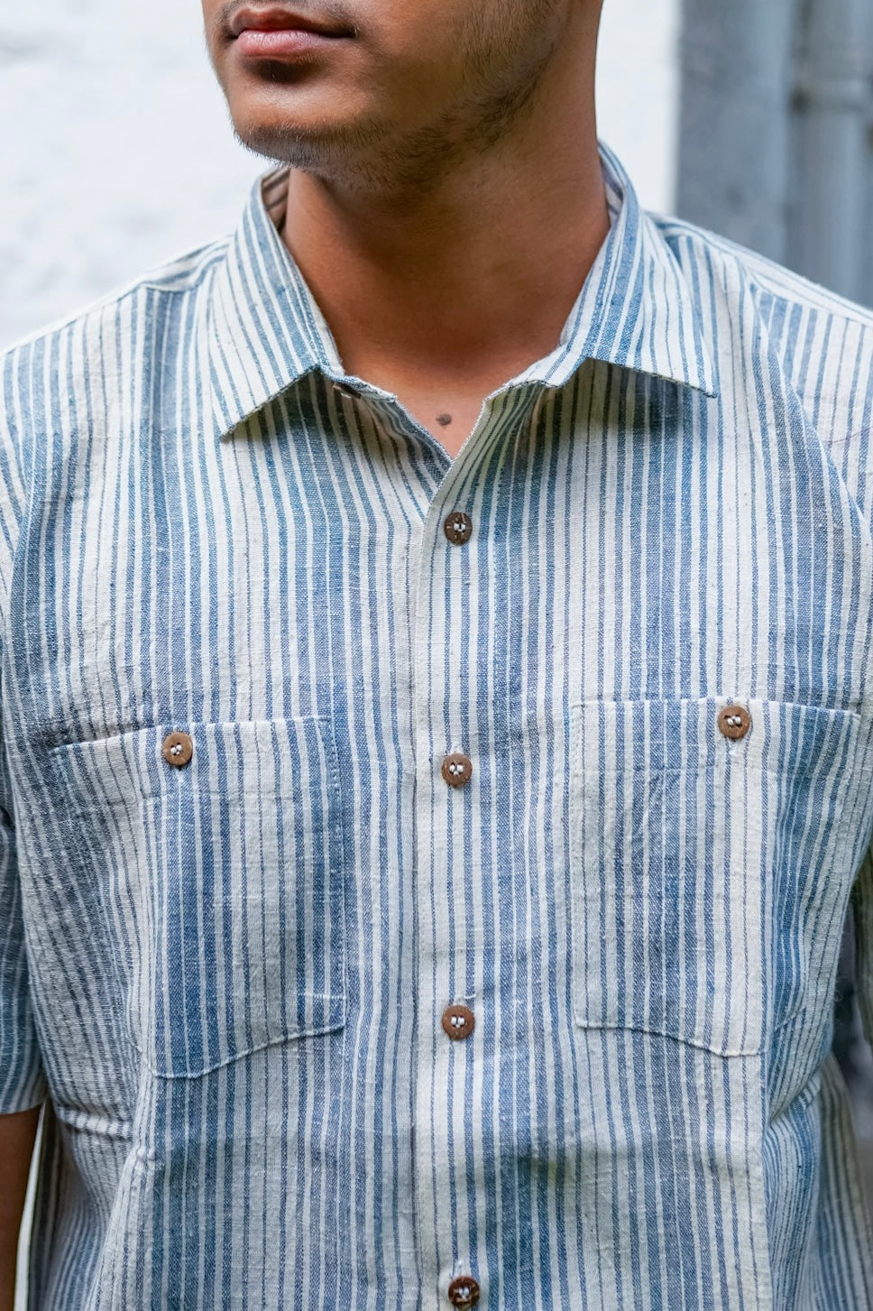 Kala Cotton Shirt for Men –  Double Pocket, Half Sleeves – Blue & White Stripes