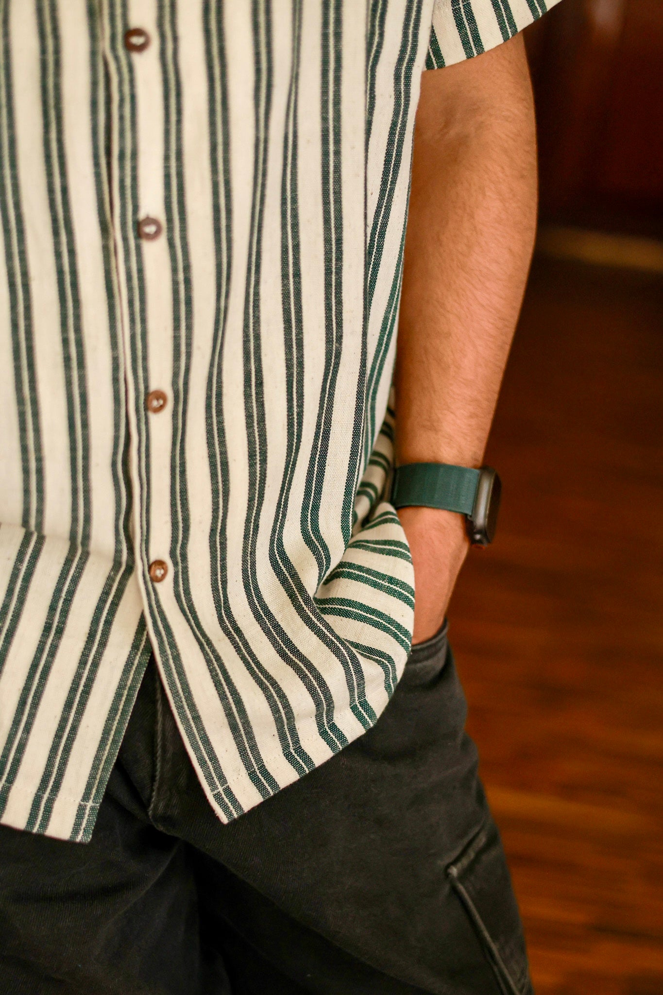 Kala Cotton Shirt for Men – Cuban Collar, Half Sleeves –Green & White Stripes