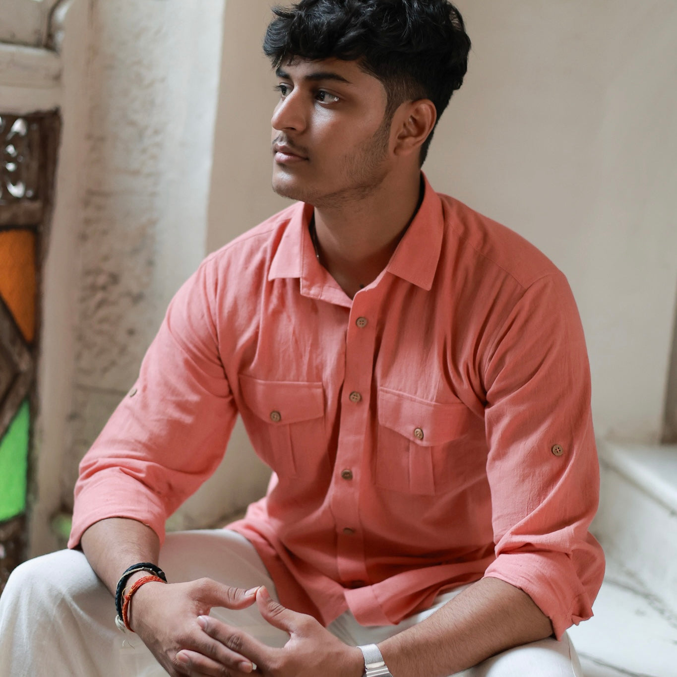 Khadi Shirt for Men – Double Pocket, Full Sleves- Orange