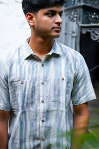 Kala Cotton Shirt for Men –  Double Pocket, Half Sleeves – Blue & White Stripes