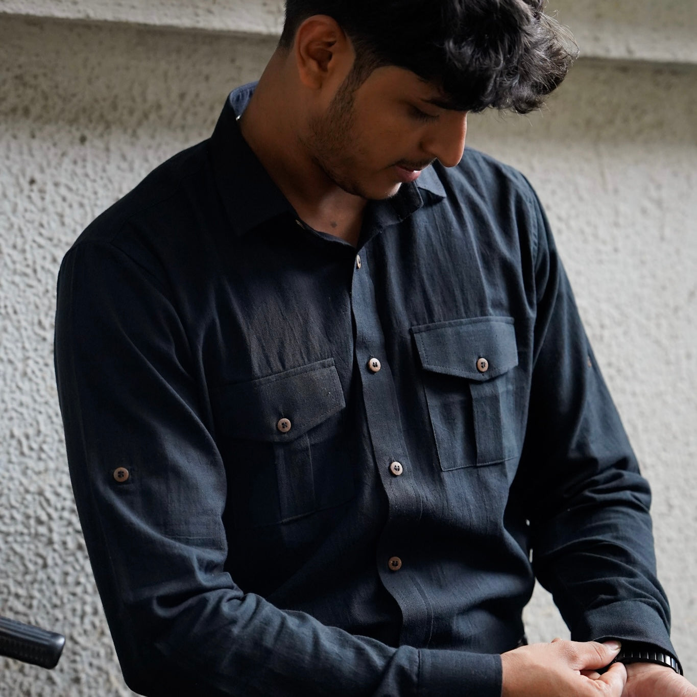 Khadi Shirt for Men – Double Pocket, Full Sleves- Black