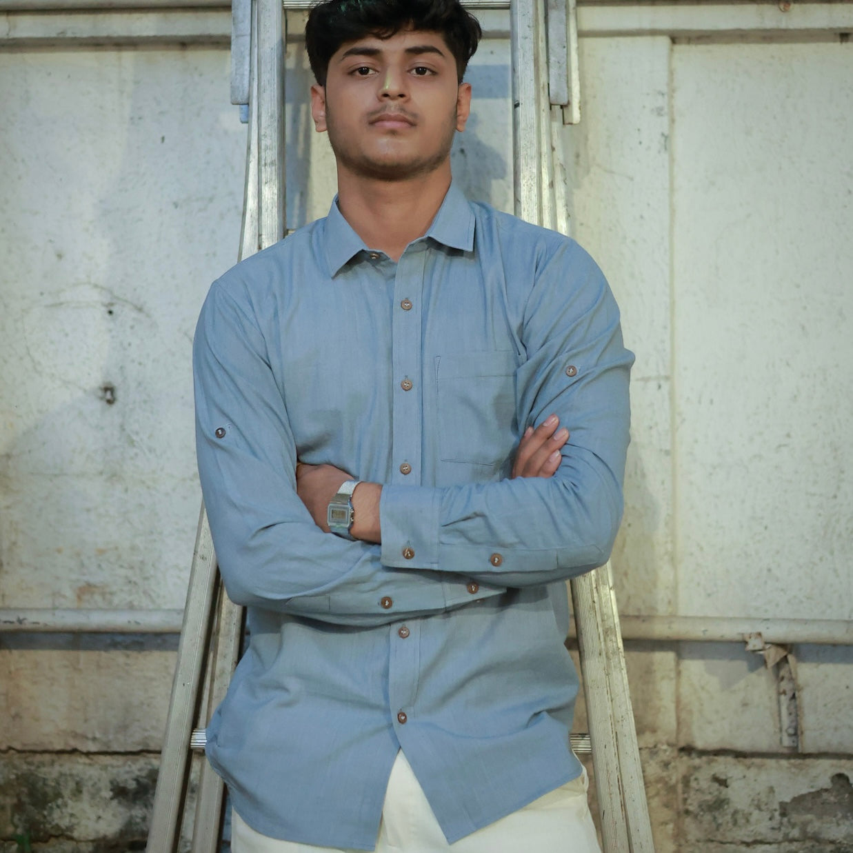 Classic Collar – Full Sleeve – Single Pocket – Handspun Khadi –  Blue