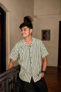 Kala Cotton Shirt for Men – Cuban Collar, Half Sleeves –Green & White Stripes