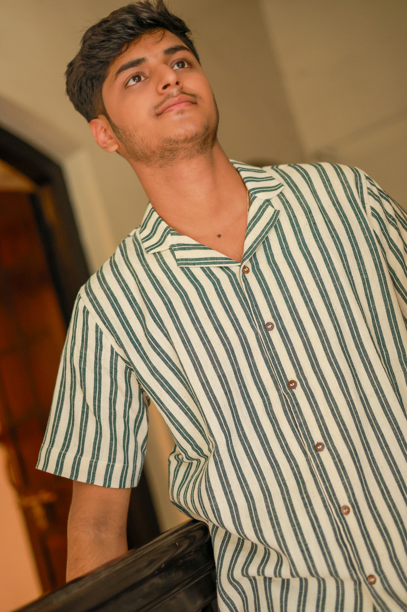 Kala Cotton Shirt for Men – Cuban Collar, Half Sleeves –Green & White Stripes