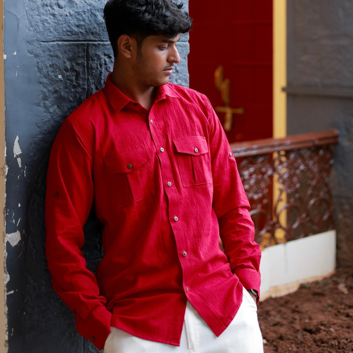 Khadi Shirt for Men – Double Pocket, Full Sleves- Brick Red