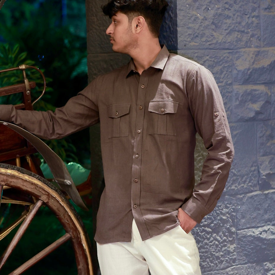 Khadi Shirt for Men – Double Pocket, Full Sleves- Dark Brown