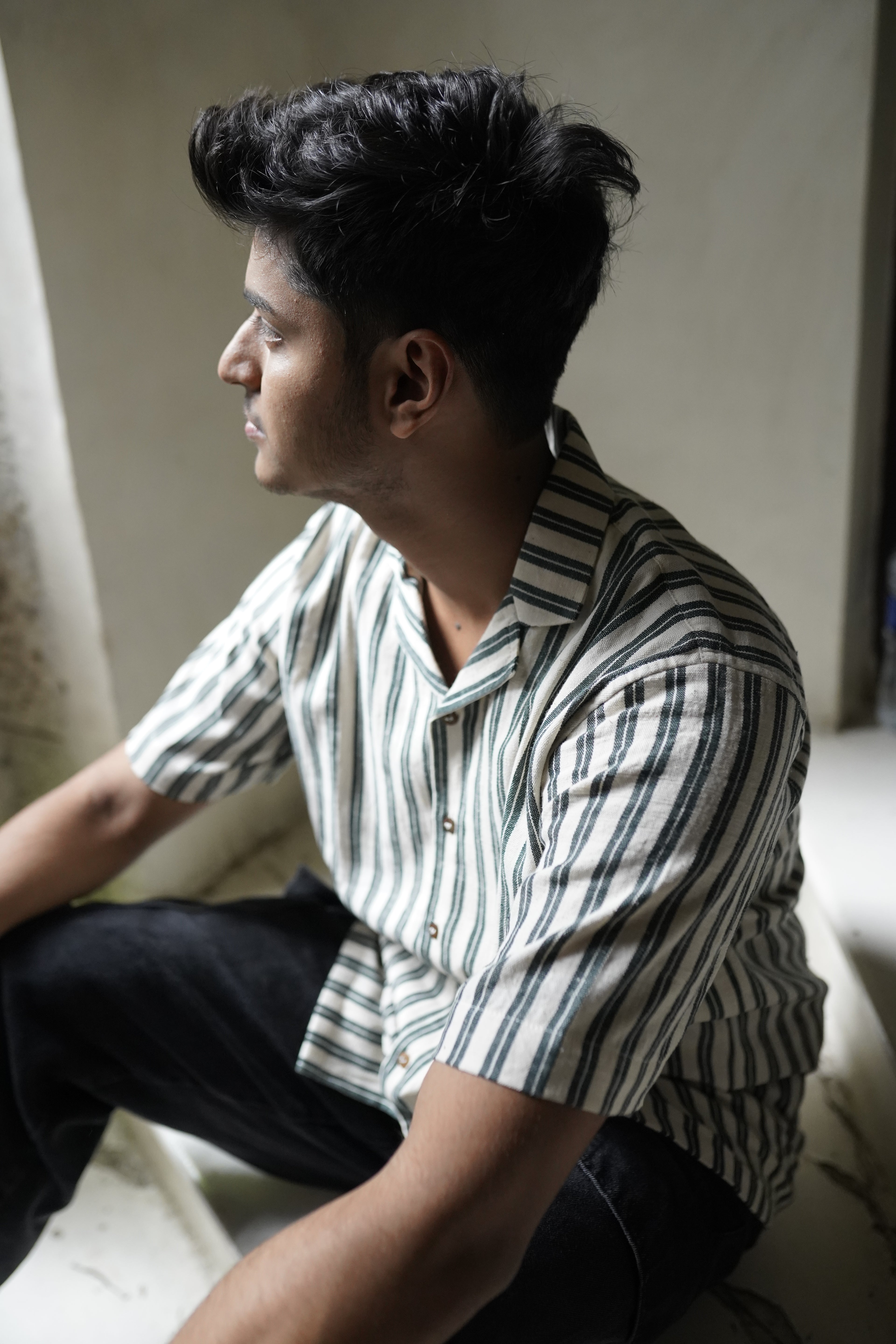 Kala Cotton Shirt for Men – Cuban Collar, Half Sleeves –Green & White Stripes