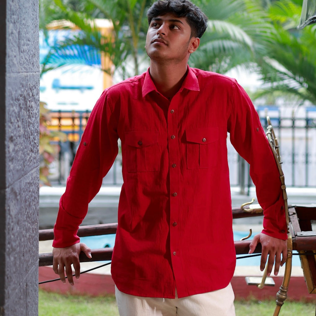 Khadi Shirt for Men – Double Pocket, Full Sleves- Brick Red