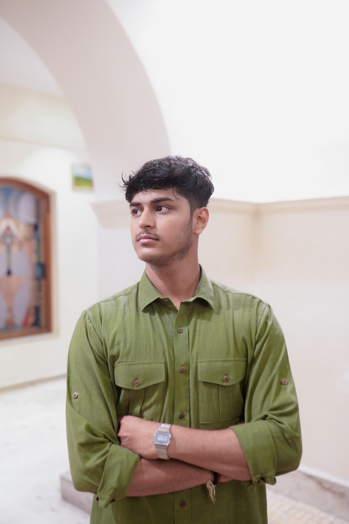 Khadi Shirt for Men – Double Pocket, Full Sleves- Olive Green