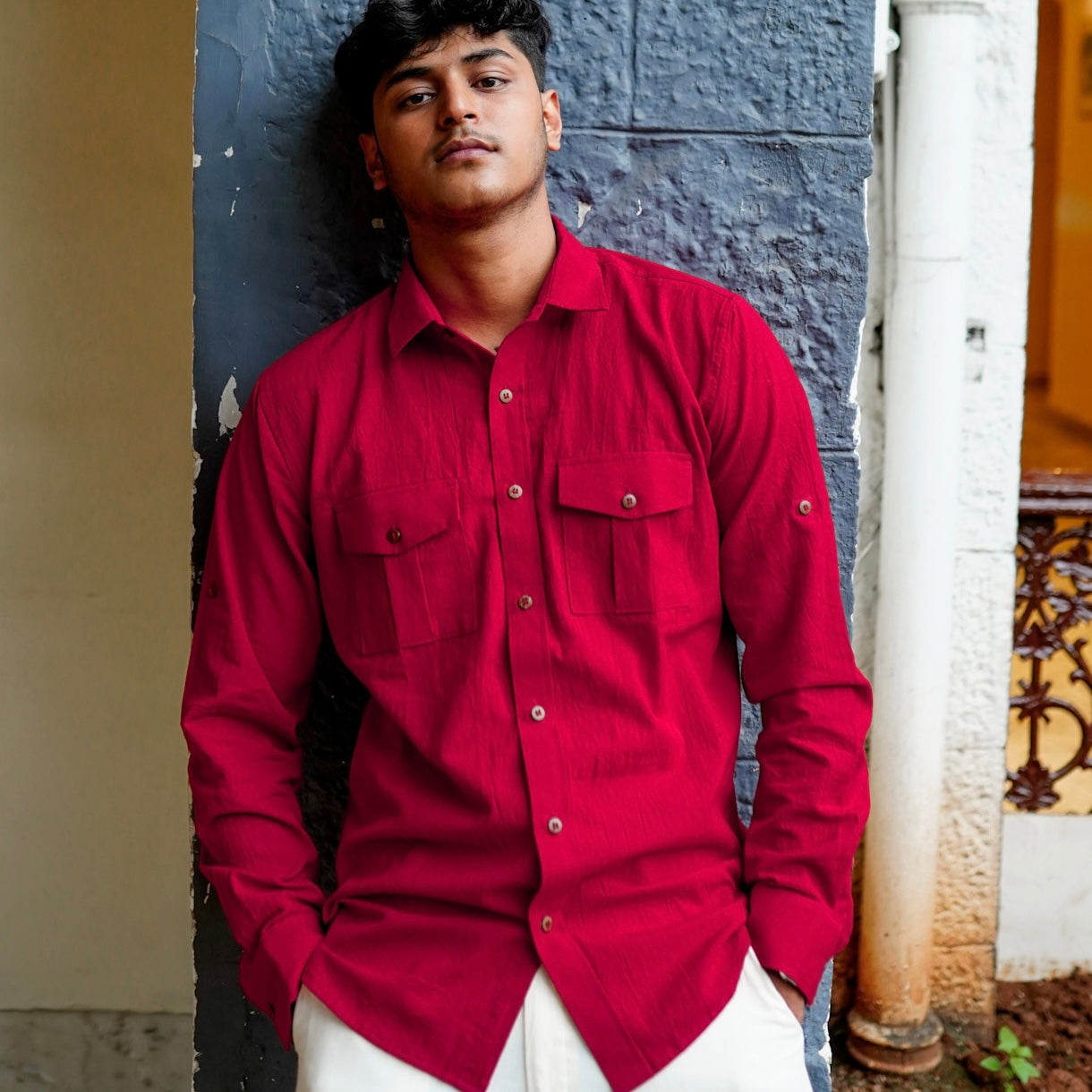 Khadi Shirt for Men – Double Pocket, Full Sleves- Brick Red