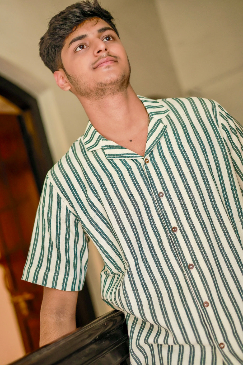 Kala Cotton Shirt for Men – Cuban Collar, Half Sleeves –Green & White Stripes