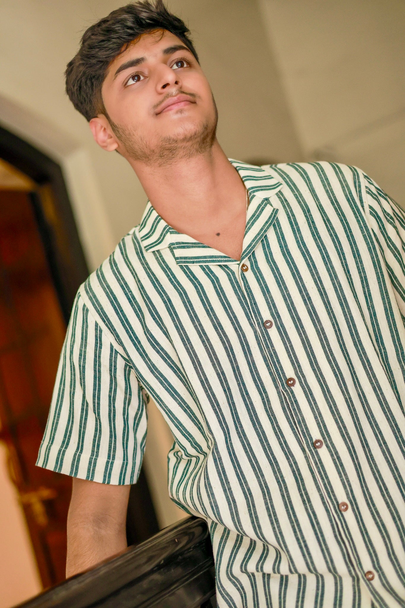 Kala Cotton Shirt for Men – Cuban Collar, Half Sleeves –Green & White Stripes