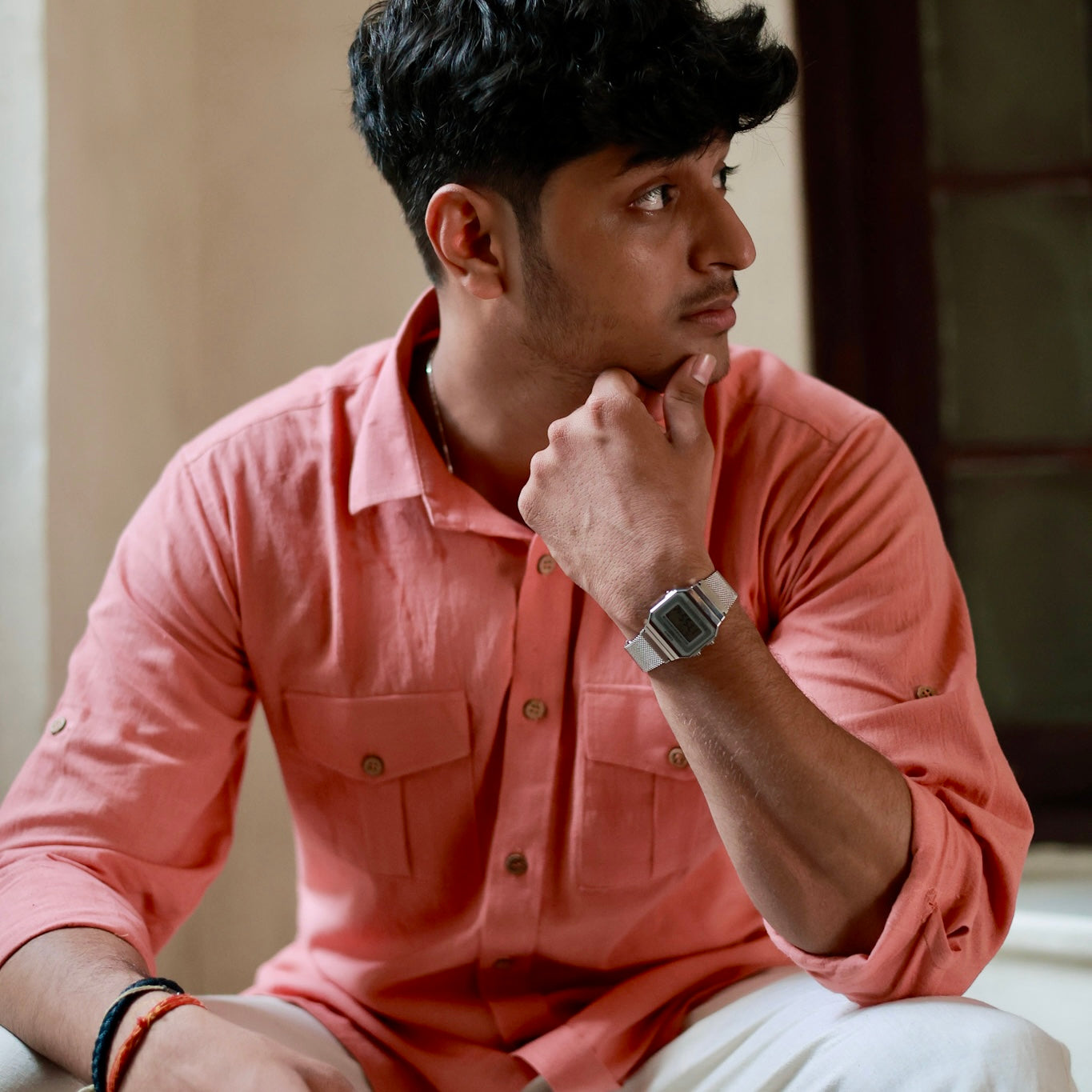 Khadi Shirt for Men – Double Pocket, Full Sleves- Orange