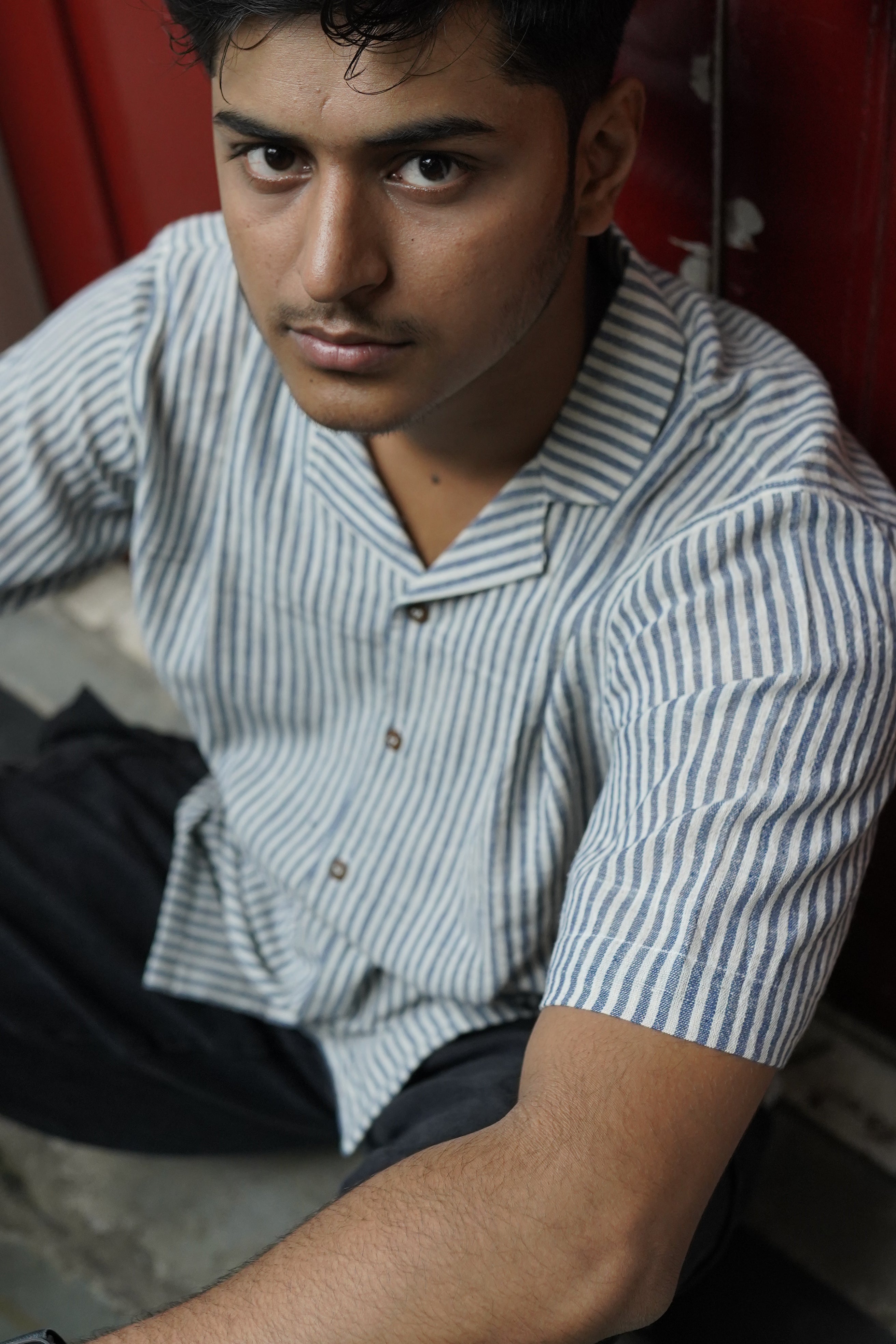 Kala Cotton Shirt for Men – Cuban Collar, Half Sleeves – Blue & White Stripes