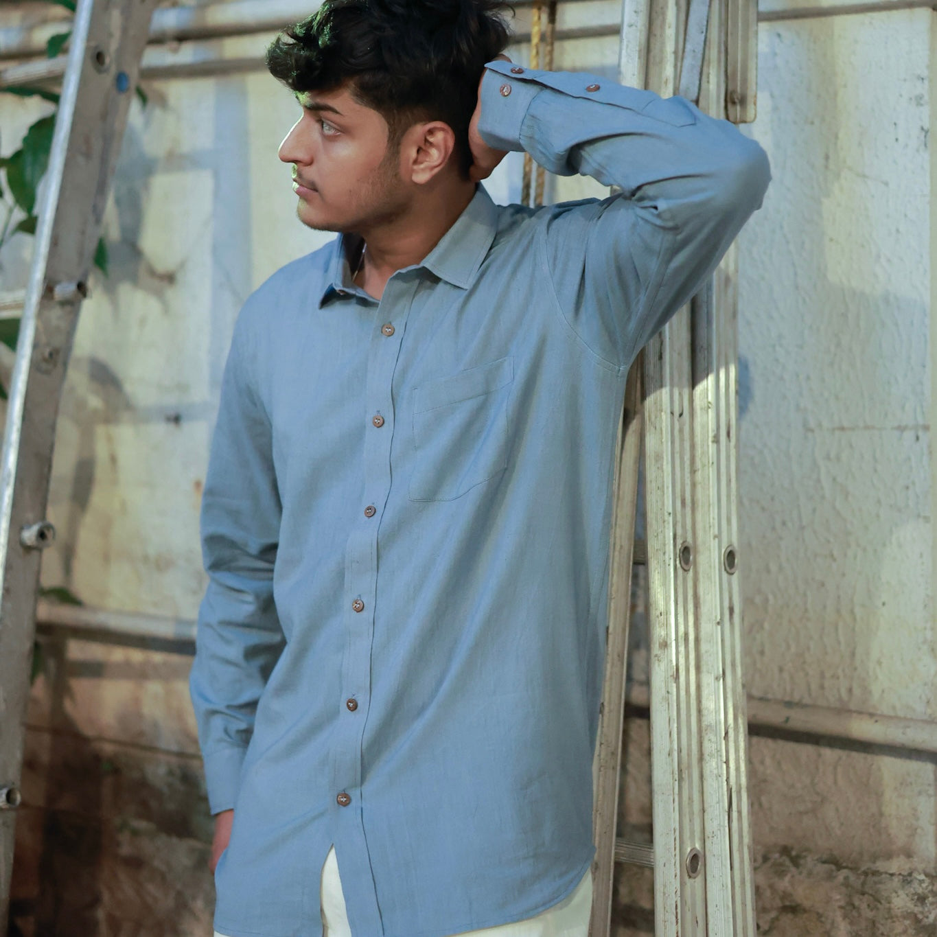 Classic Collar – Full Sleeve – Single Pocket – Handspun Khadi –  Blue