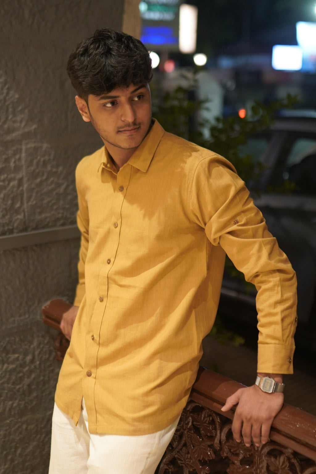Khadi Shirt for Men – No Pocket, Full Sleeves – Mustard