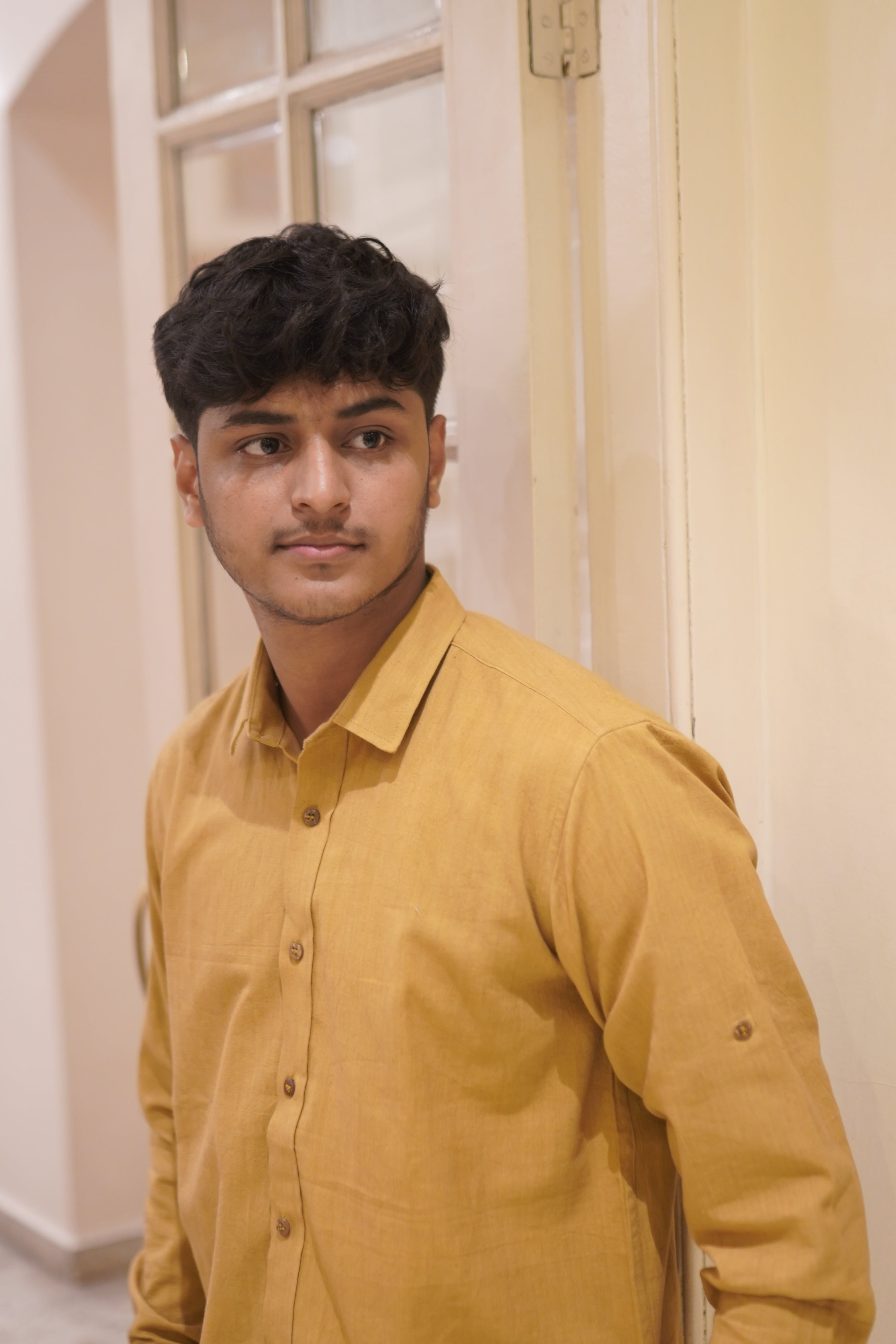 Khadi Shirt for Men – No Pocket, Full Sleeves – Mustard