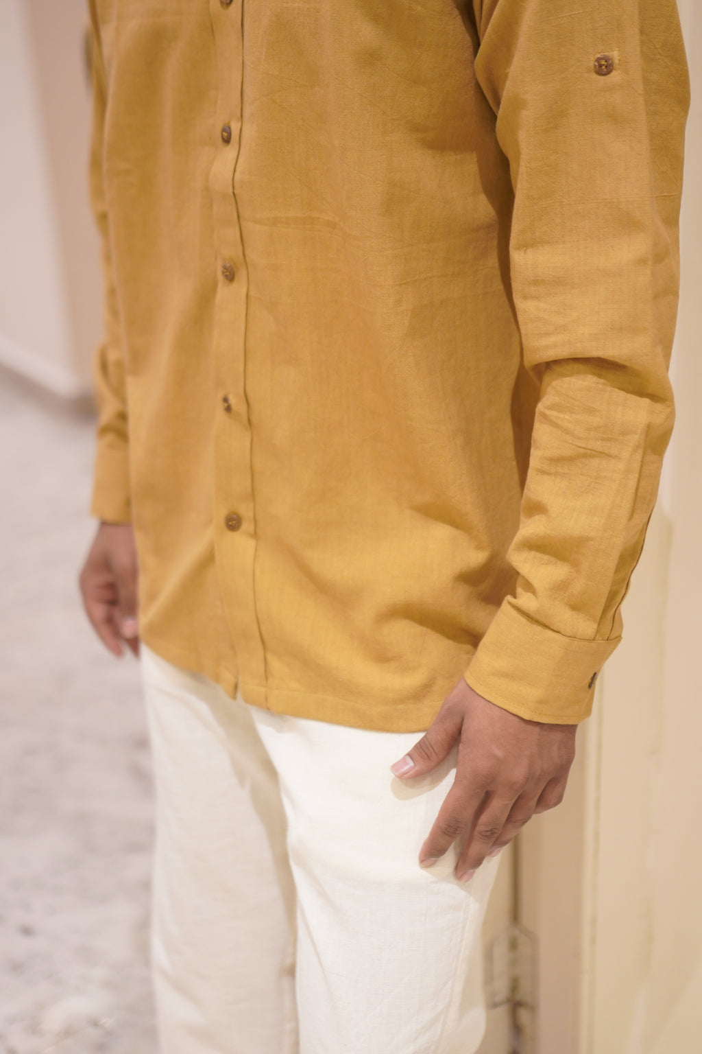 Khadi Shirt for Men – No Pocket, Full Sleeves – Mustard