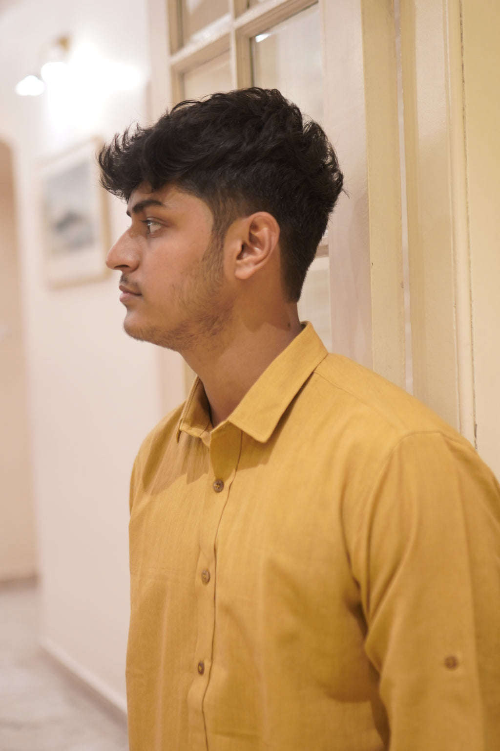 Khadi Shirt for Men – No Pocket, Full Sleeves – Mustard