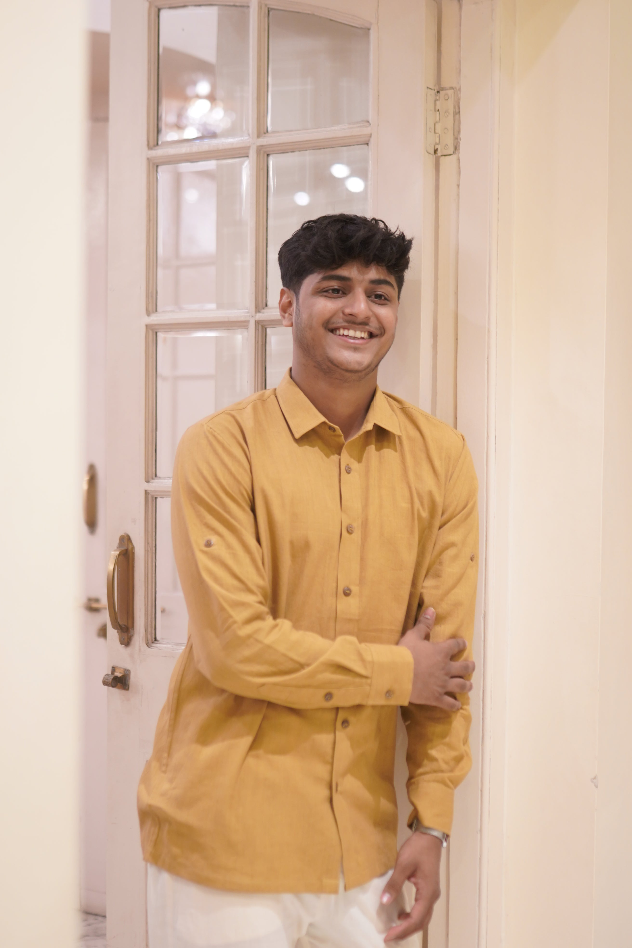 Khadi Shirt for Men – No Pocket, Full Sleeves – Mustard