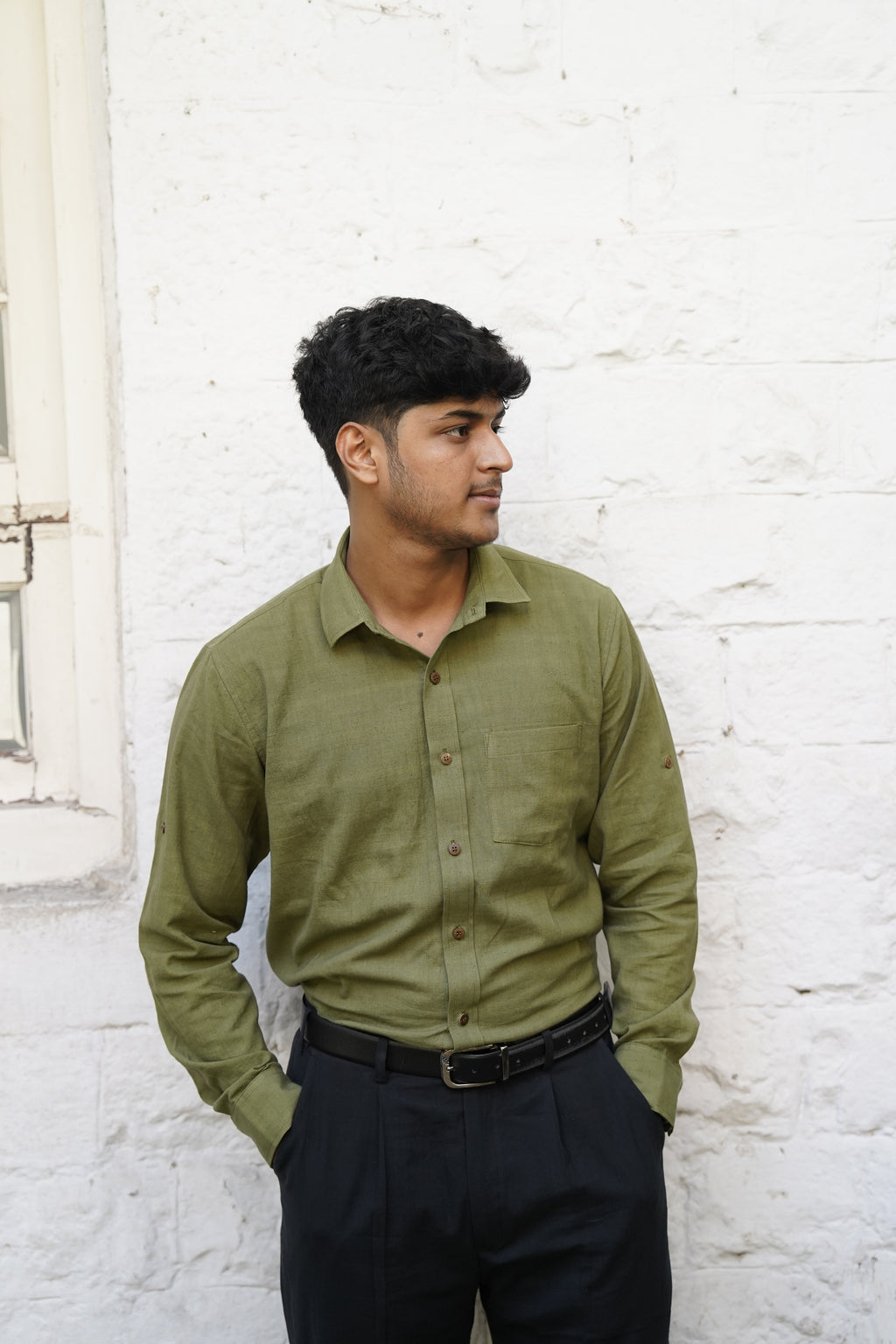 Khadi Shirt for Men – Single Pocket, Full Sleeves – Olive Green