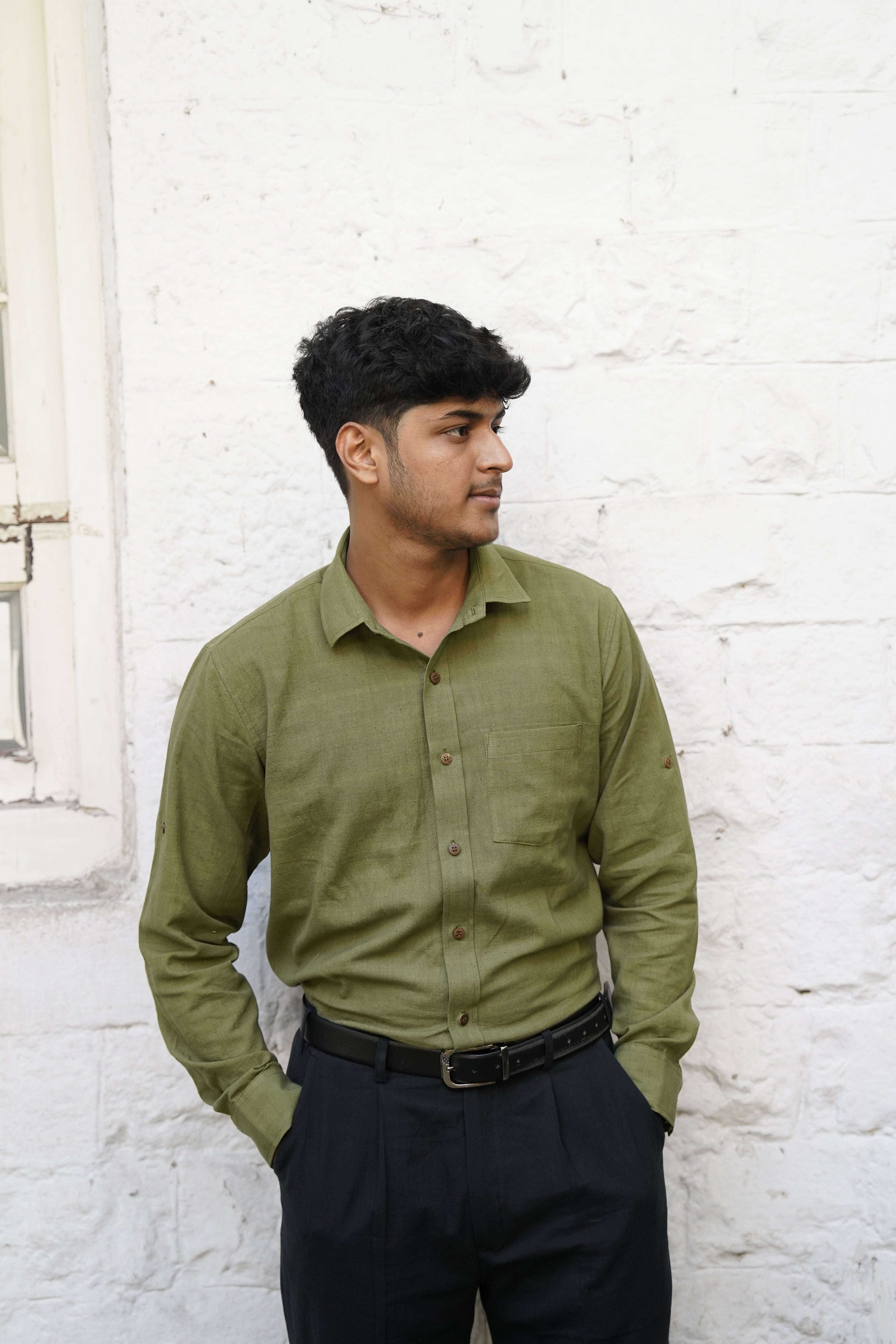 Khadi Shirt for Men – Single Pocket, Full Sleeves – Olive Green