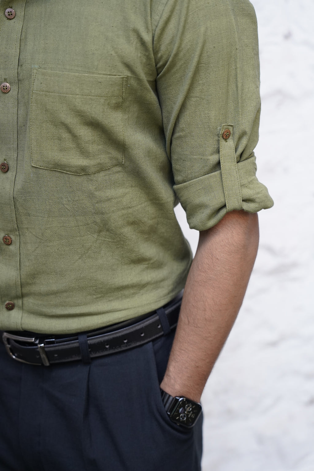 Khadi Shirt for Men – Single Pocket, Full Sleeves – Olive Green