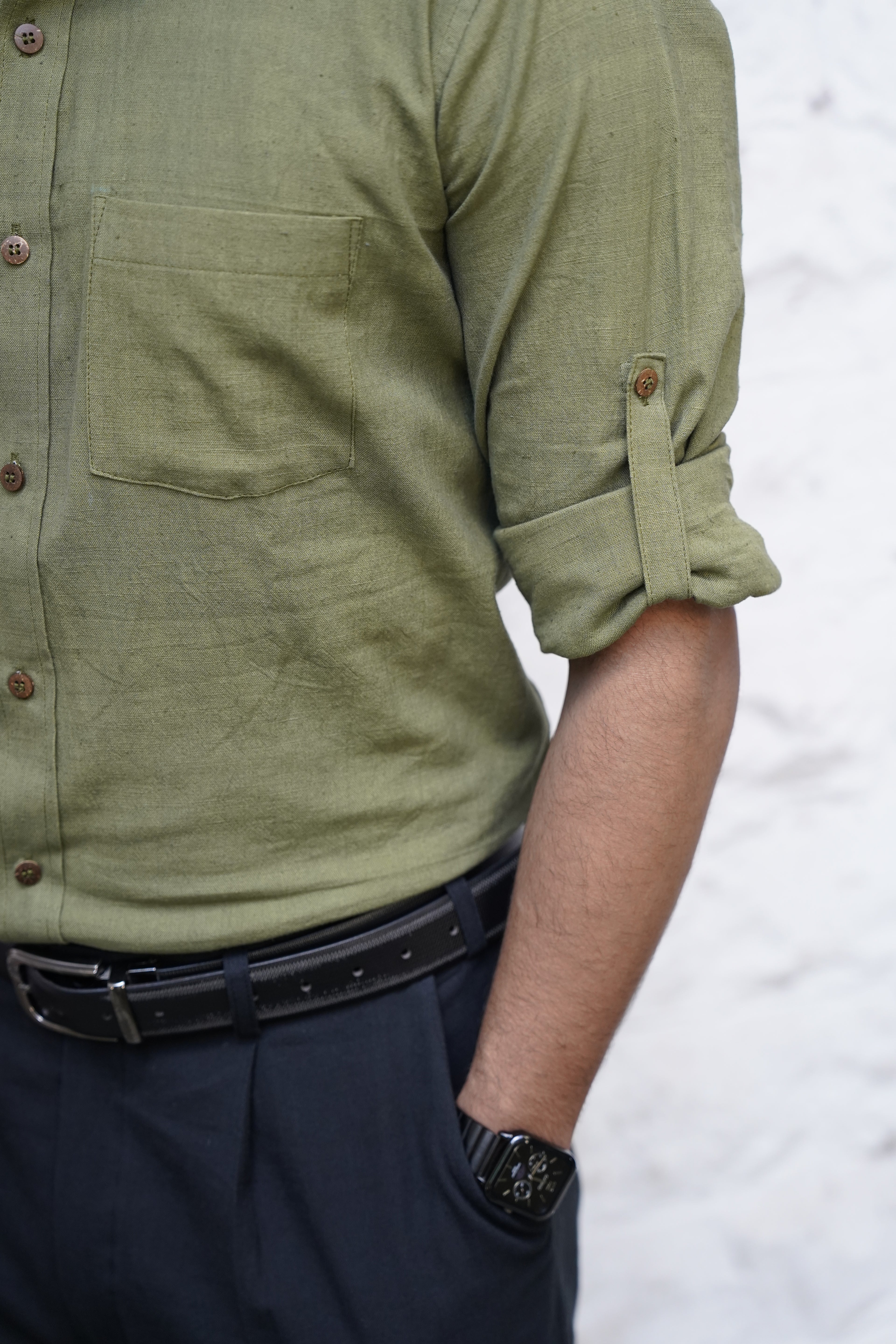 Khadi Shirt for Men – Single Pocket, Full Sleeves – Olive Green