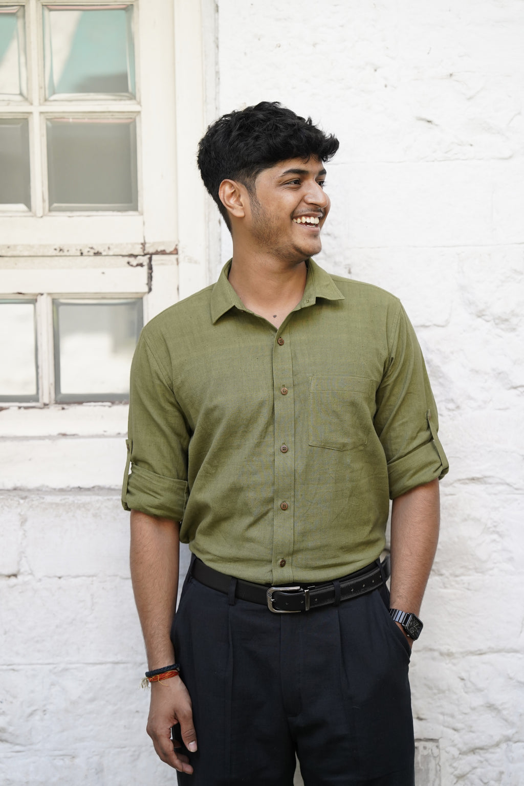 Khadi Shirt for Men – Single Pocket, Full Sleeves – Olive Green