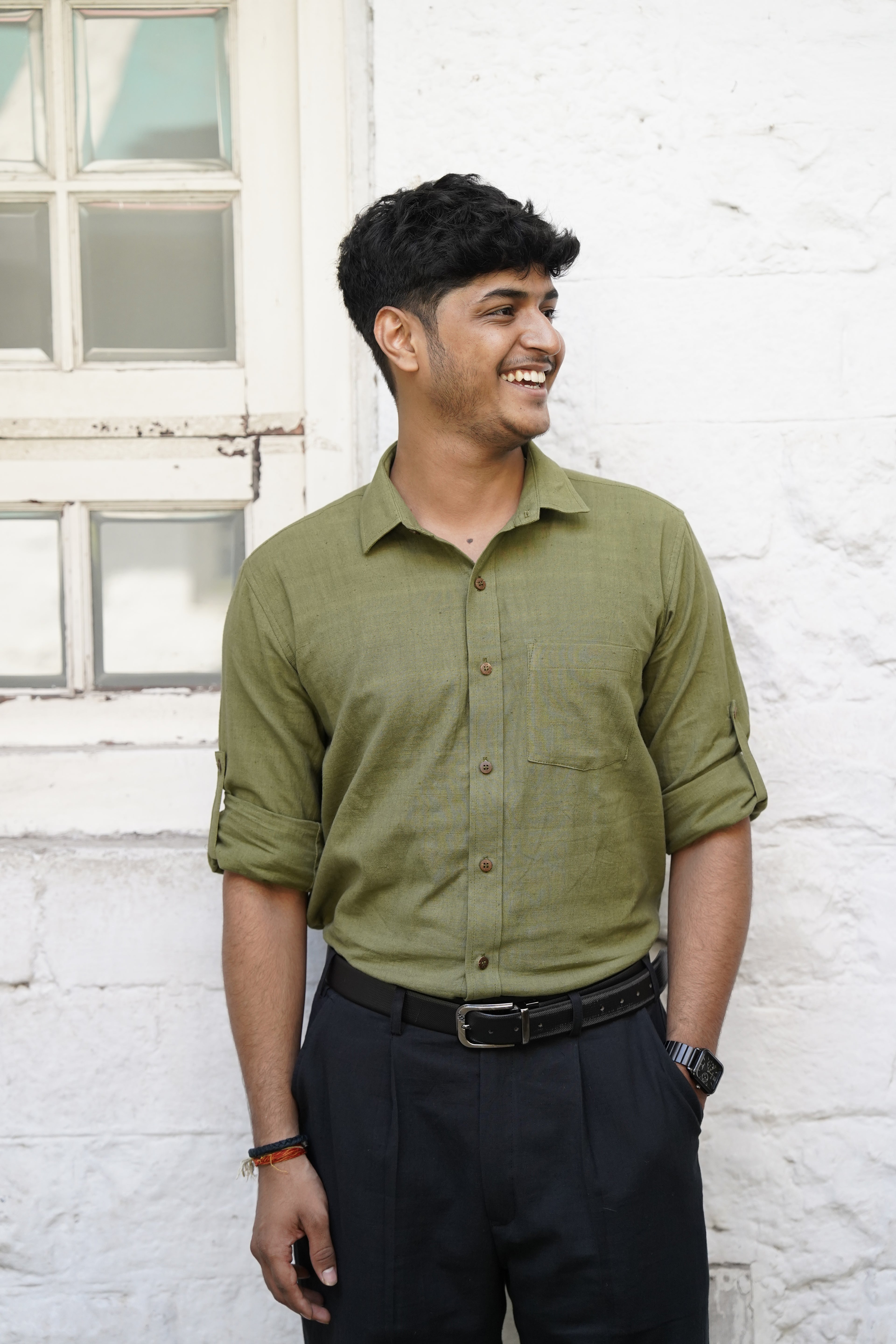 Khadi Shirt for Men – Single Pocket, Full Sleeves – Olive Green