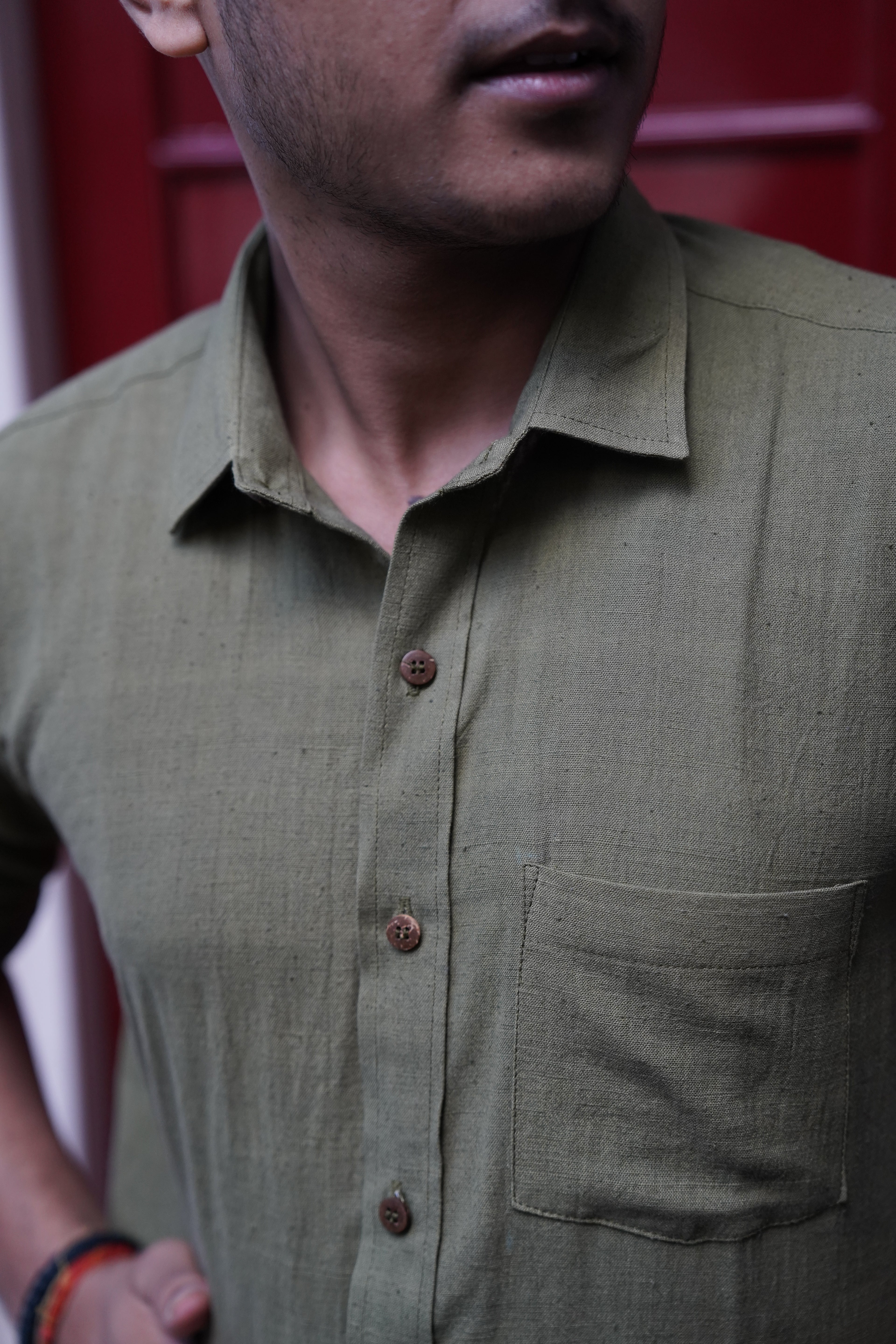 Khadi Shirt for Men – Single Pocket, Full Sleeves – Olive Green