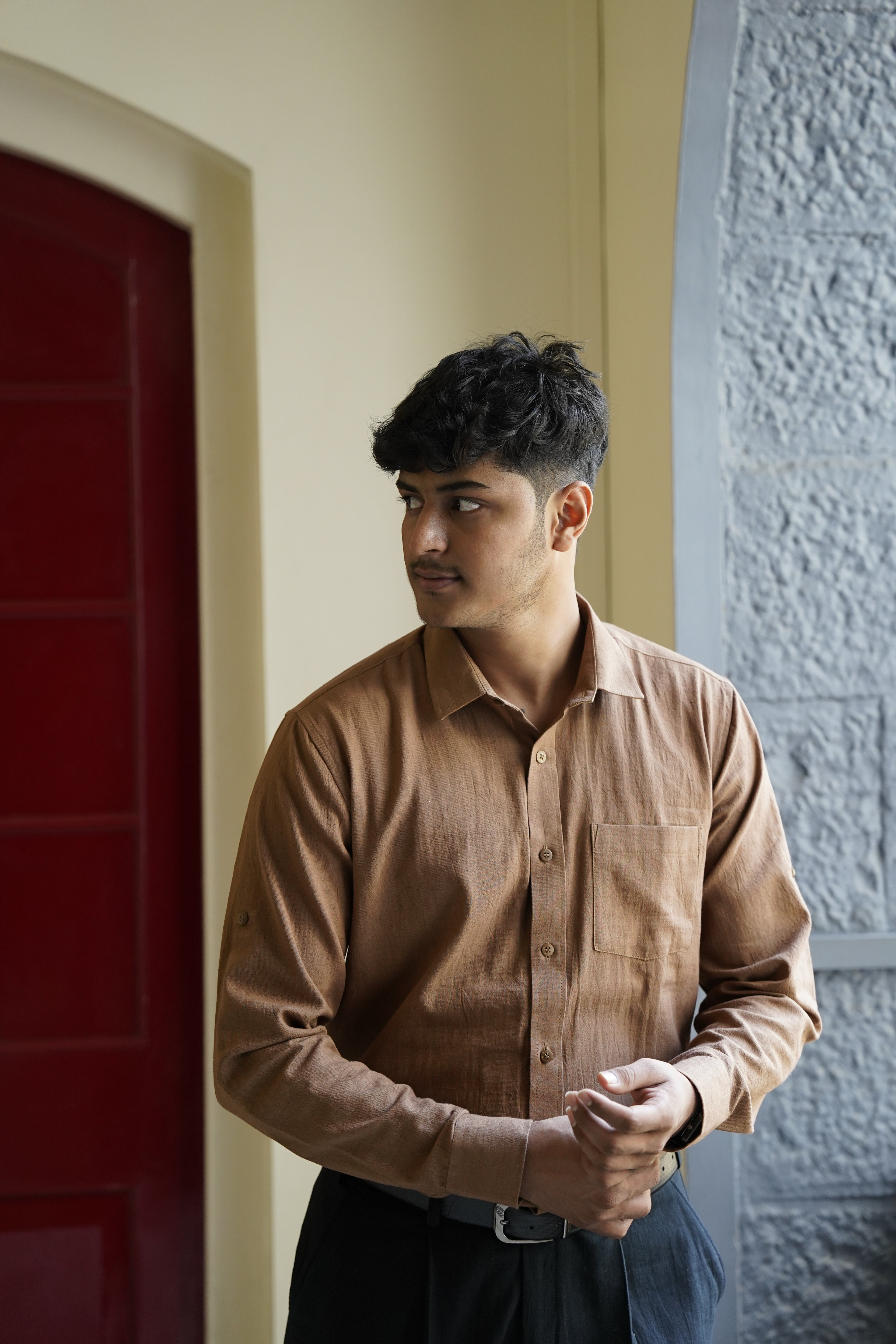 Khadi Shirt for Men – Single Pocket, Full Sleeves – Brown