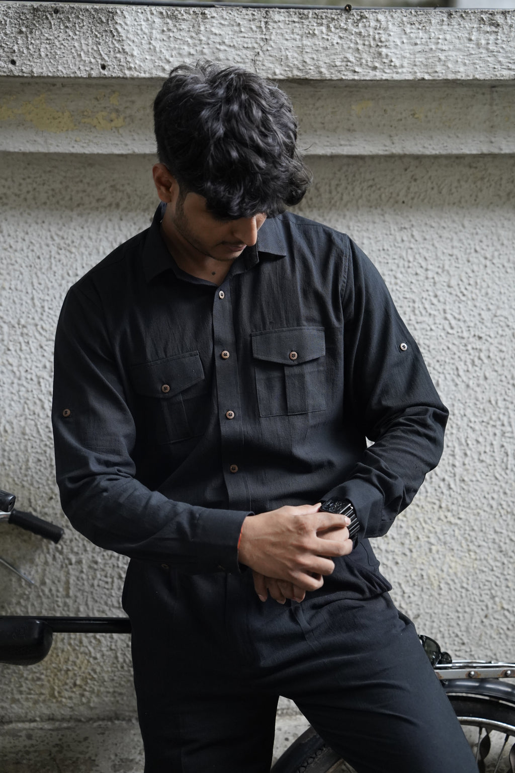Khadi Shirt for Men – Double Pocket, Full Sleves- Black