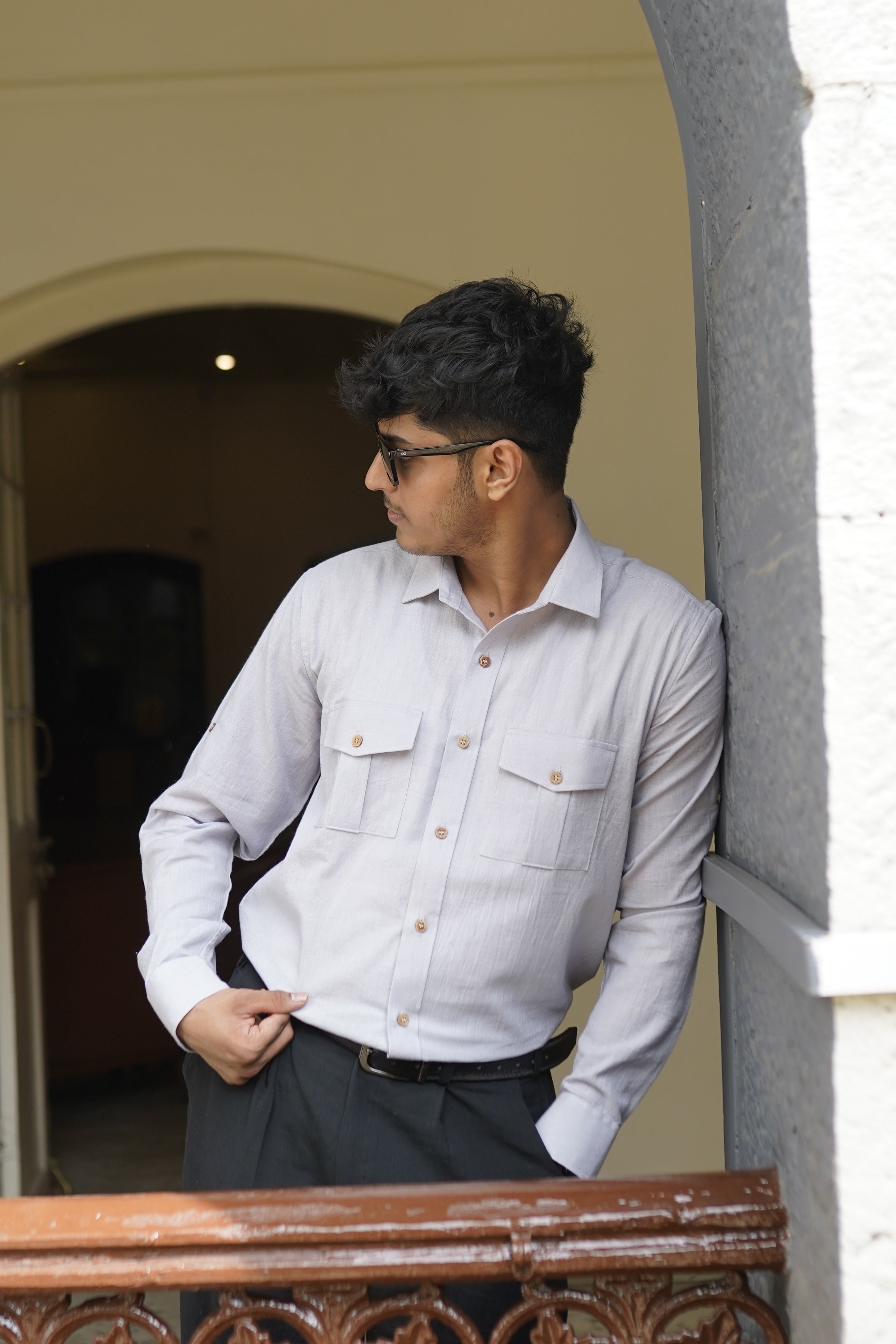 Khadi Shirt for Men – Double Pocket, Full Sleves- Grey