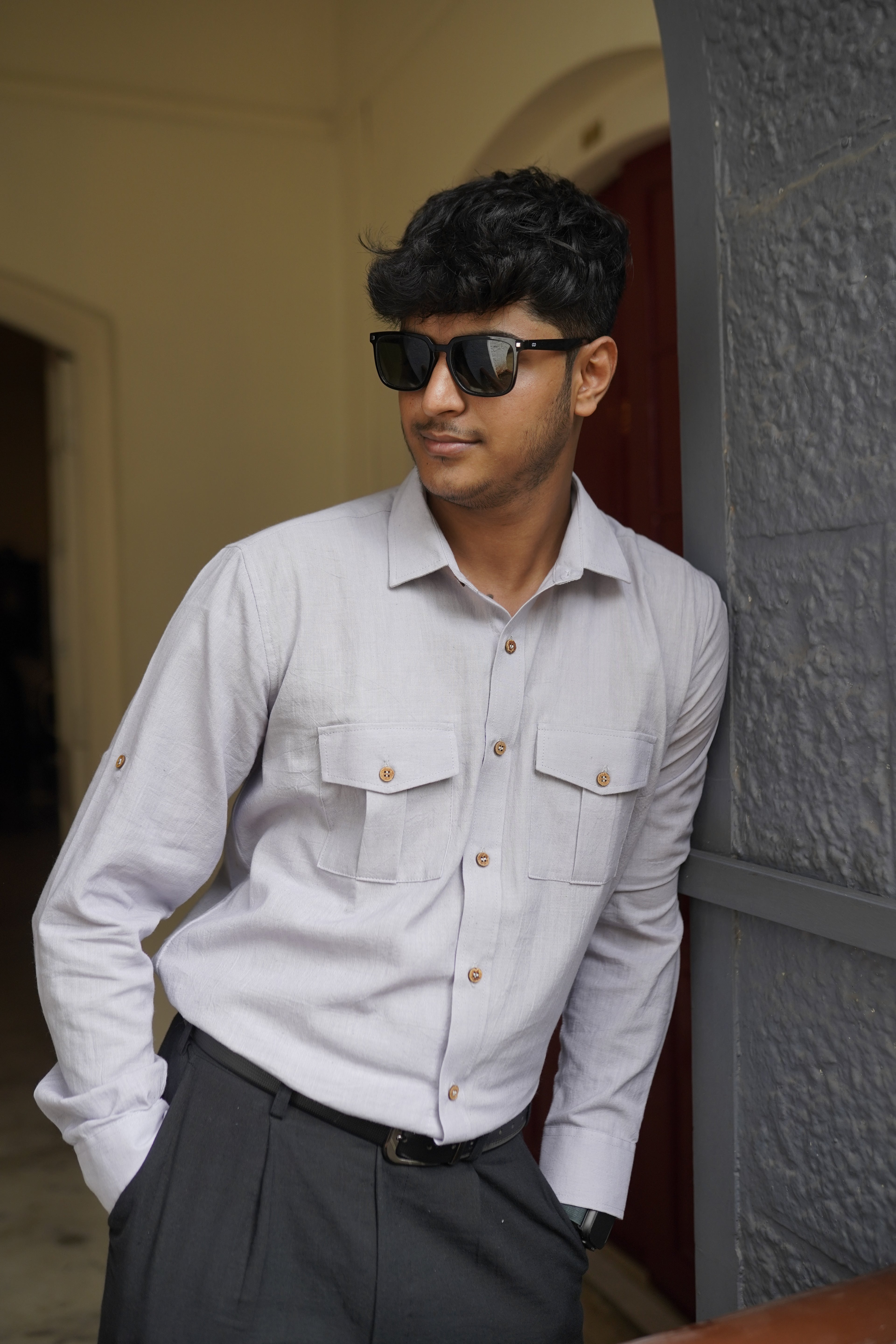 Khadi Shirt for Men – Double Pocket, Full Sleves- Grey