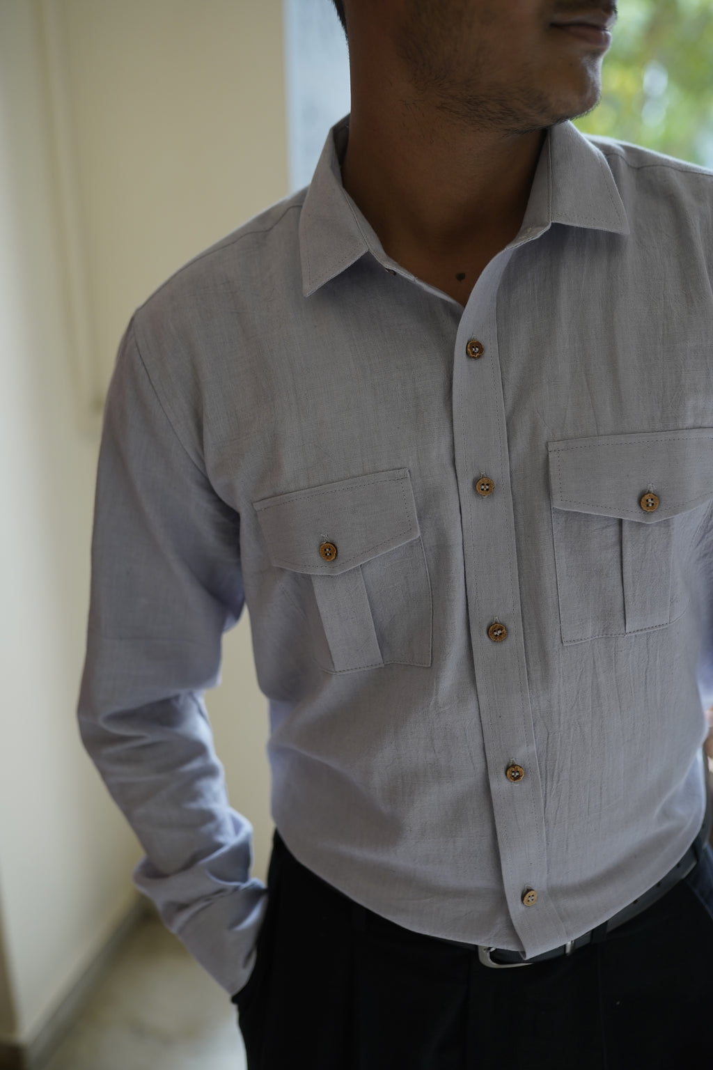 Khadi Shirt for Men – Double Pocket, Full Sleves- Grey