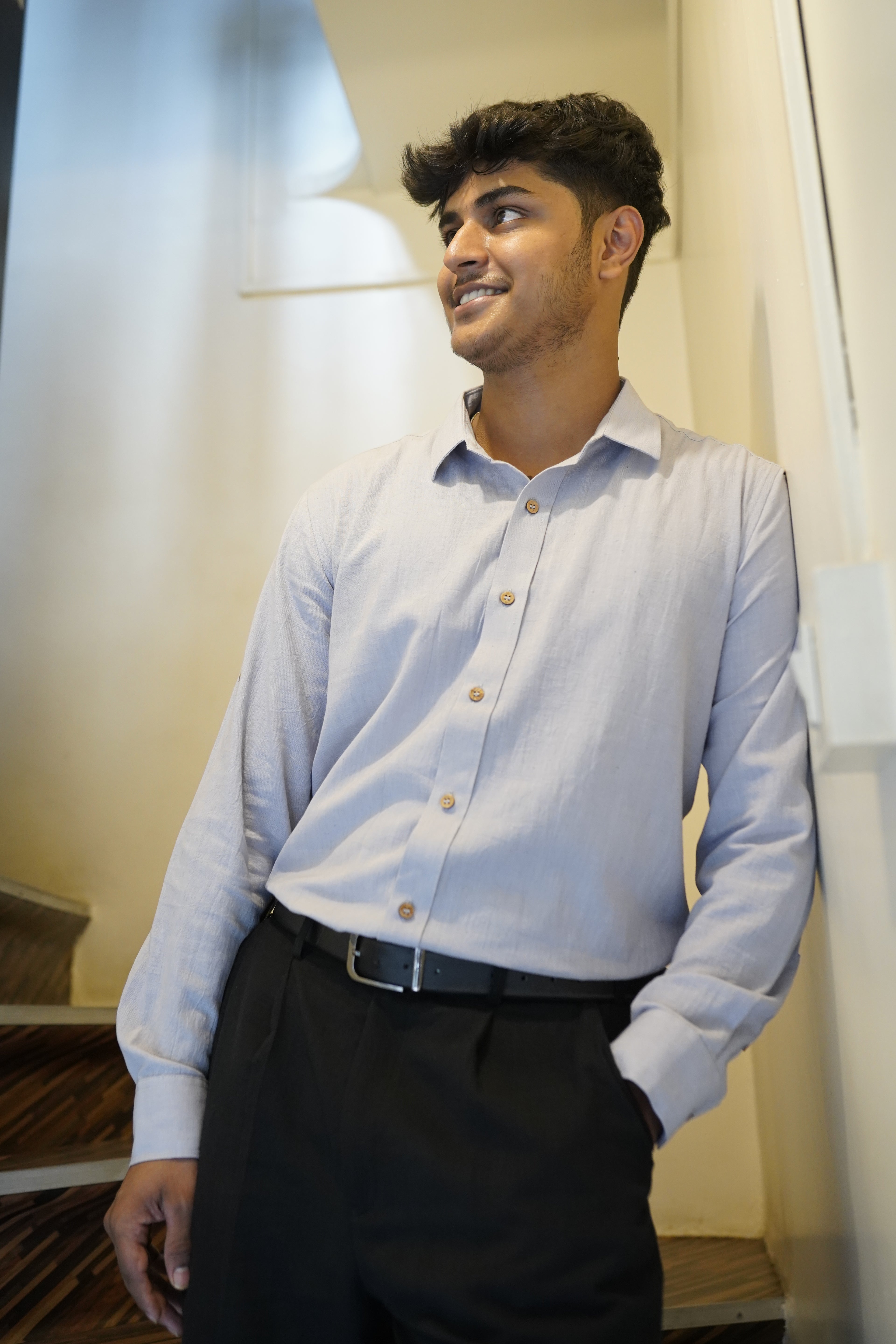 Khadi Shirt for Men – No Pocket, Full Sleeves – Mist Grey