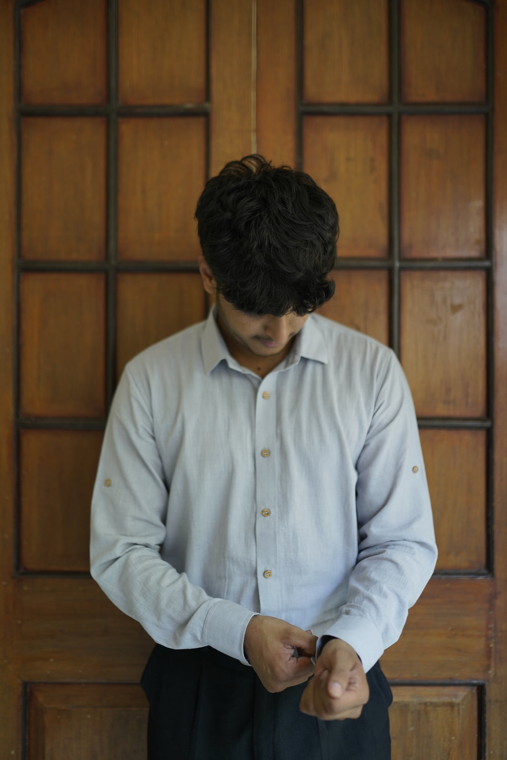 Khadi Shirt for Men – No Pocket, Full Sleeves – Mist Grey