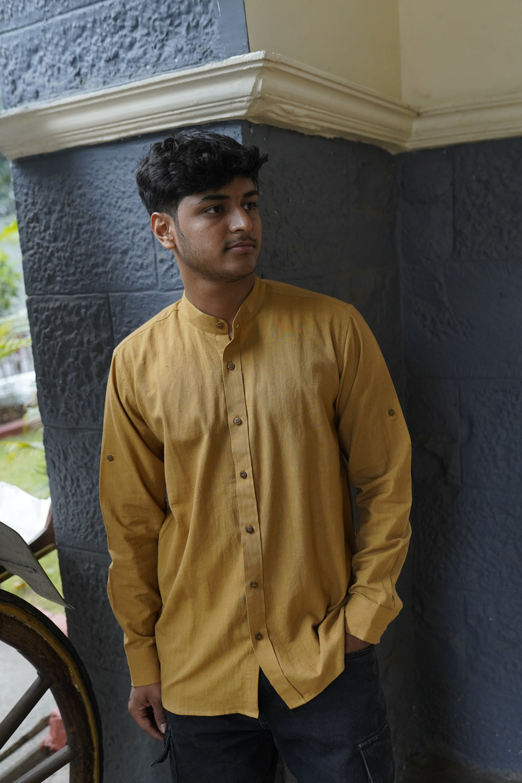 Khadi Shirt for Men – Mandarin Collar, No Pocket, Full Sleeves – Mustard