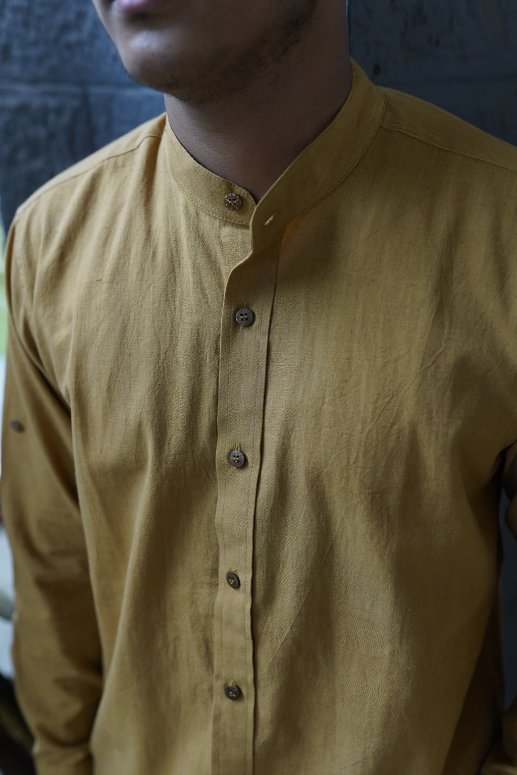 Khadi Shirt for Men – Mandarin Collar, No Pocket, Full Sleeves – Mustard
