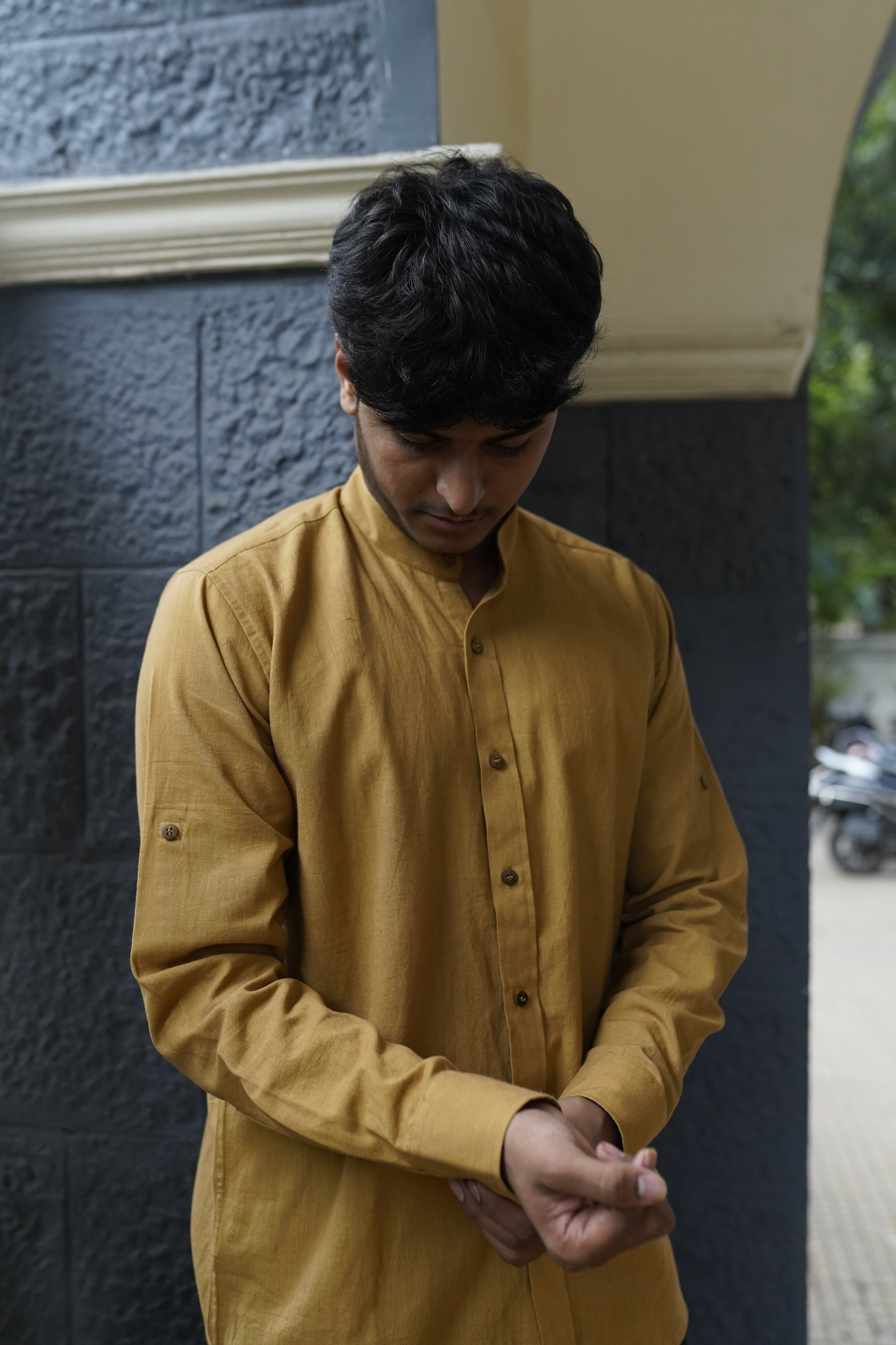 Khadi Shirt for Men – Mandarin Collar, No Pocket, Full Sleeves – Mustard
