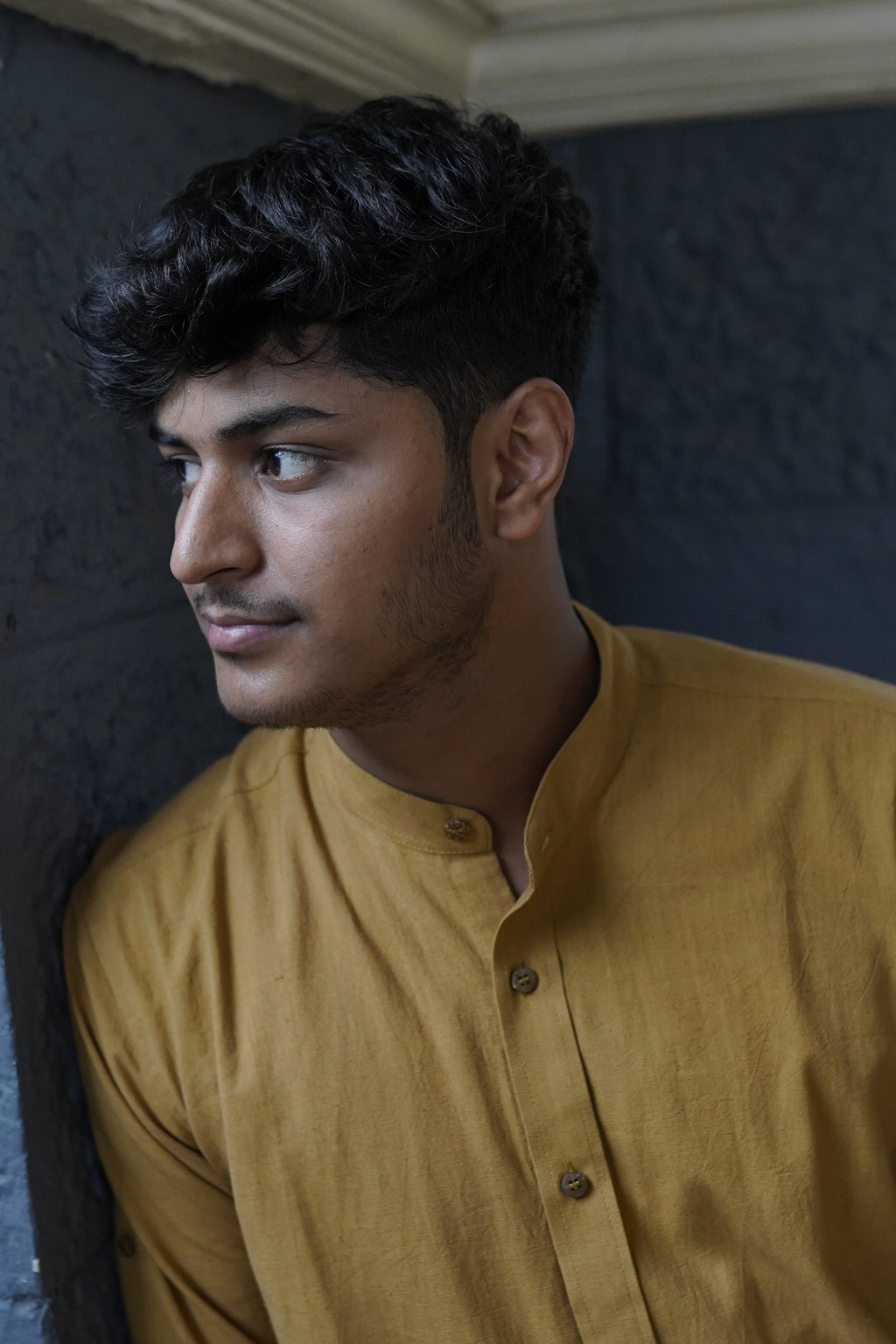 Khadi Shirt for Men – Mandarin Collar, No Pocket, Full Sleeves – Mustard